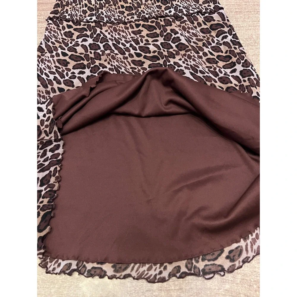 BCBG MaxAzria Y2K Brown Animal Print MIDI Baby Doll Dress Mesh Lined Sz LG Party